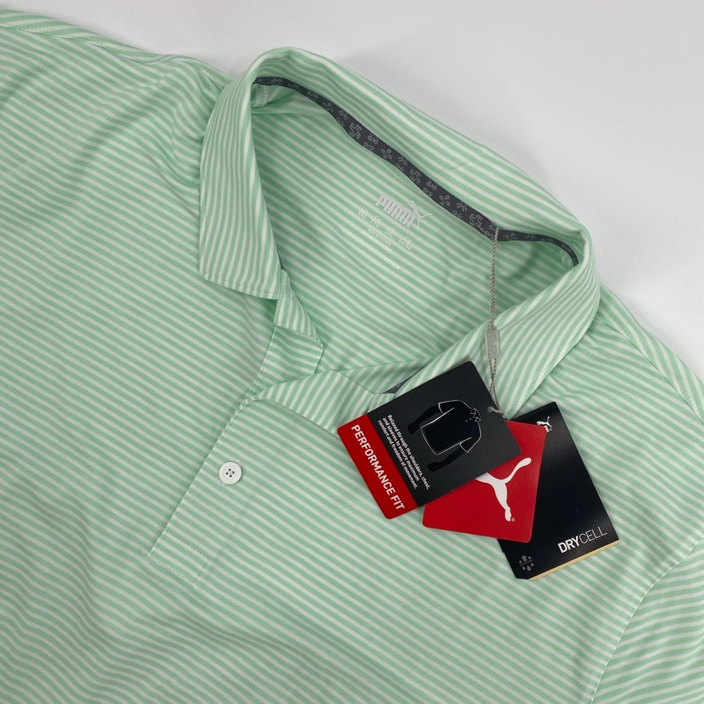 NEW Puma Polo Shirt Mens XXL Mint Green Striped DryCell Golf‎ Performance Active
